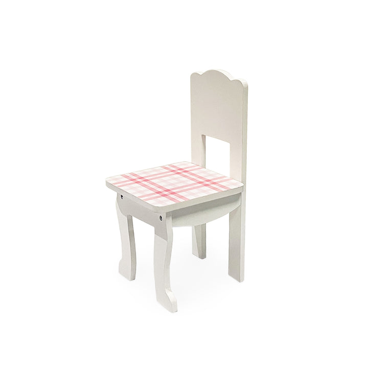 A white chair with pink plaid print on the seat, sized for 18" dolls.