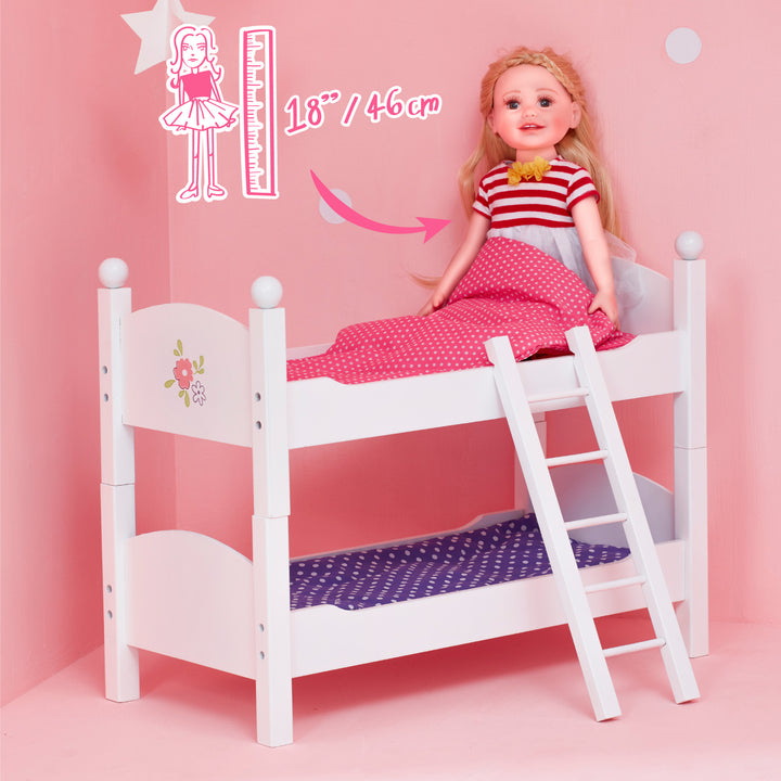 A princess-themed Olivia's Little World Polka Dots Princess 18" doll is sitting on a doll bunk bed.