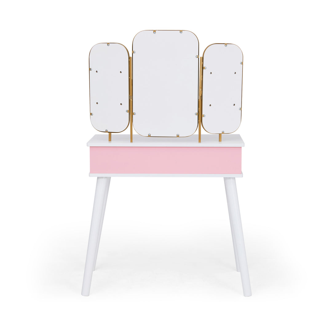 The back of a white and pink vanity table.