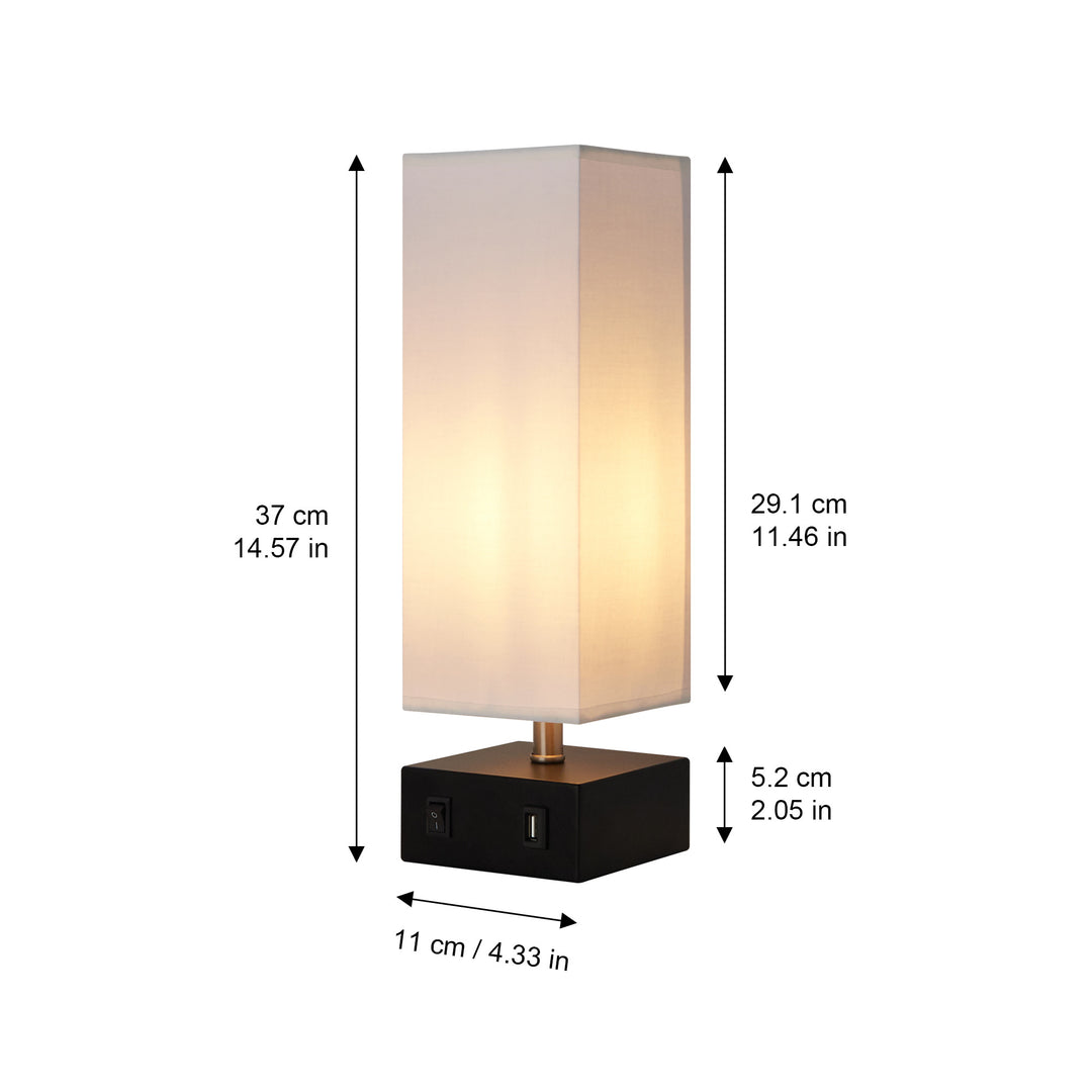 The dimensions of a Teamson Home Colette 14.5" Modern Metal Table Lamp with dimensions in inches and centimeters.