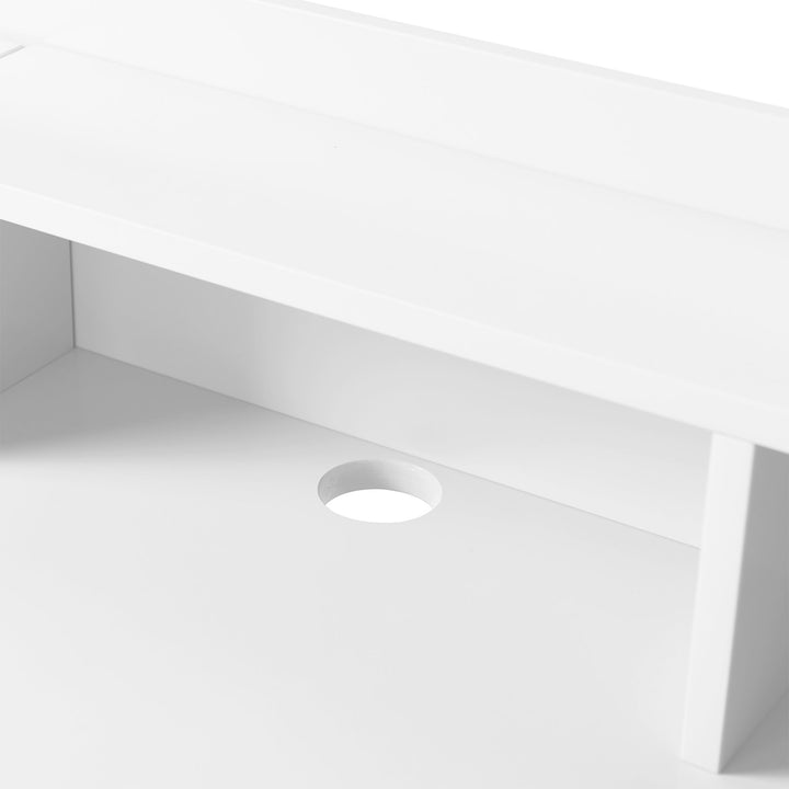 A durable Teamson Home Creativo Wooden Writing Desk with Storage, White/Natural with a hole in the middle.