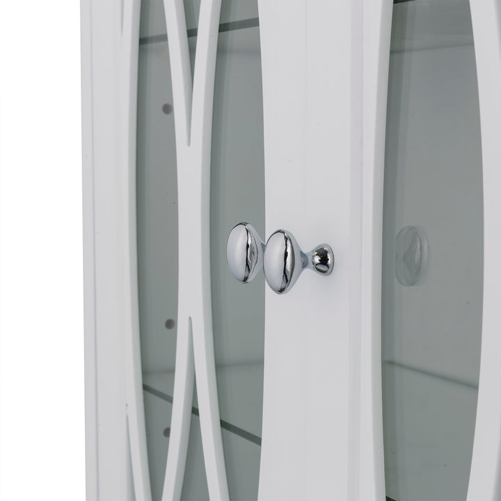 Close-up of the chrome knobs and the glass panels on the Teamson Home White Florence Removable Wall Cabinet