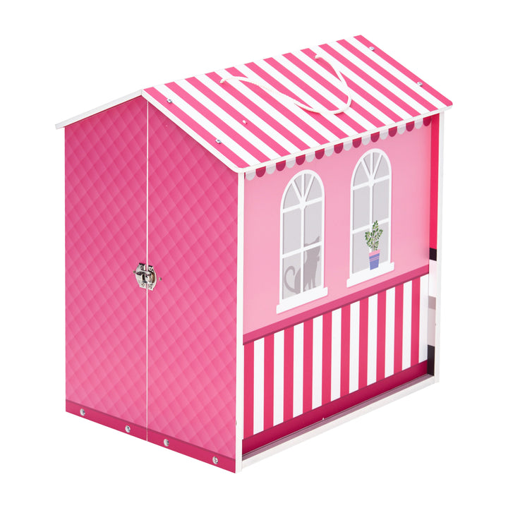 A doll cafe pink playset closed pink and white striped accents.