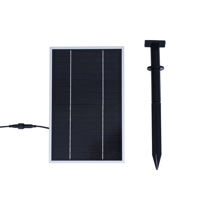 A solar panel with a ground spike that powers the waterfall fountain