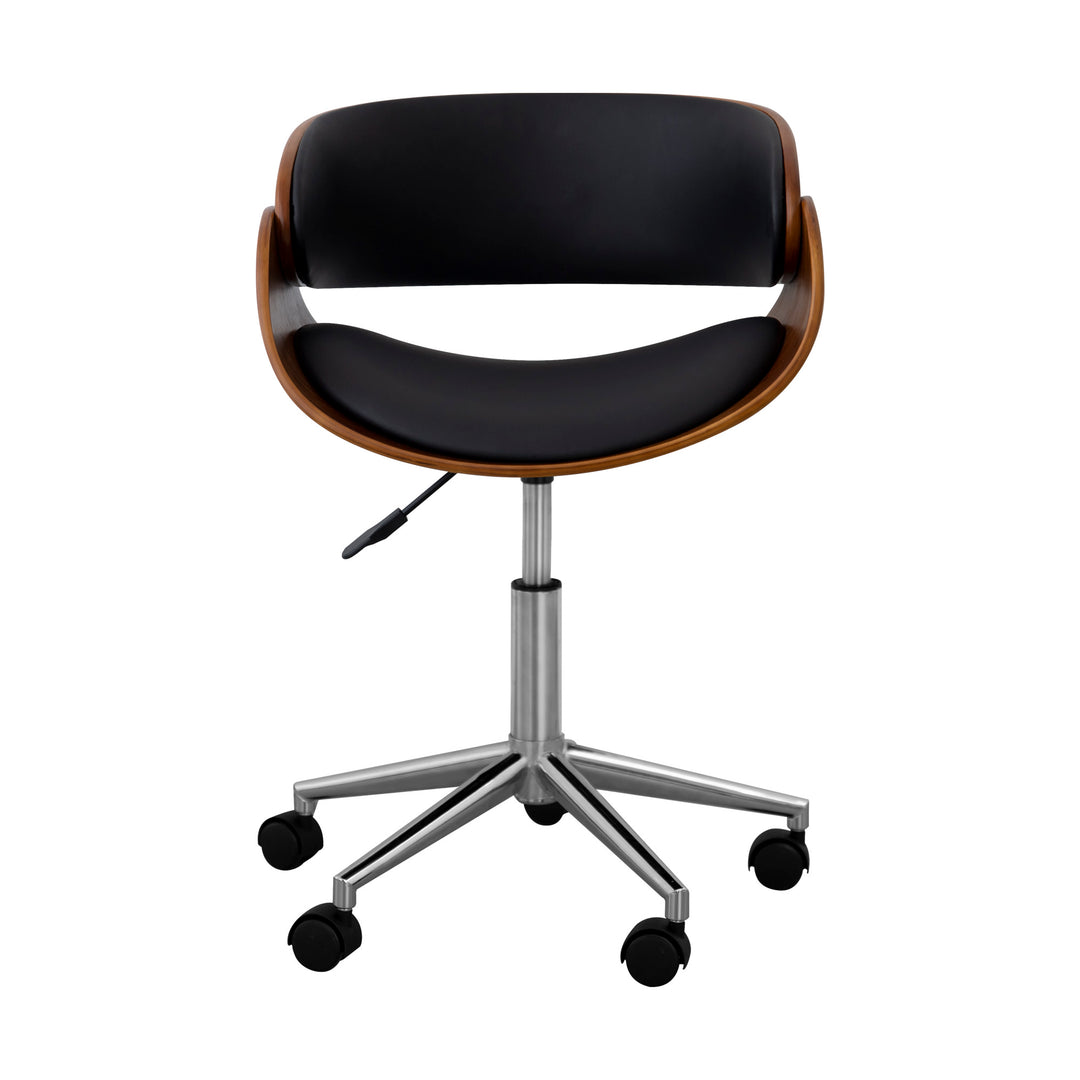 A modern, comfortable Teamson Home Faux Leather Curved Swivel Home Office Chair with Adjustable Seat Height in black leather and an adjustable height wooden seat.