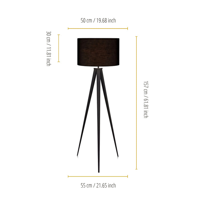 Teamson Home Romanza 60" Postmodern Tripod Floor Lamp with Drum Shade, Matte Black with a dark shade and tripod base, versatile and modern, including dimensions in inches and centimeteres