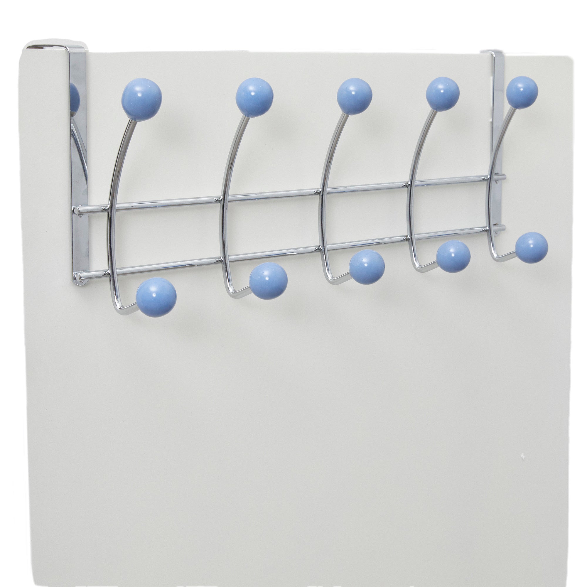 OTD - 3816 10 hooks over-door hanger..Material: steel Line wire, plate & Aqua Green Porcelain balls..Finish: Chrome Plated..UPC# 674278 03816 6