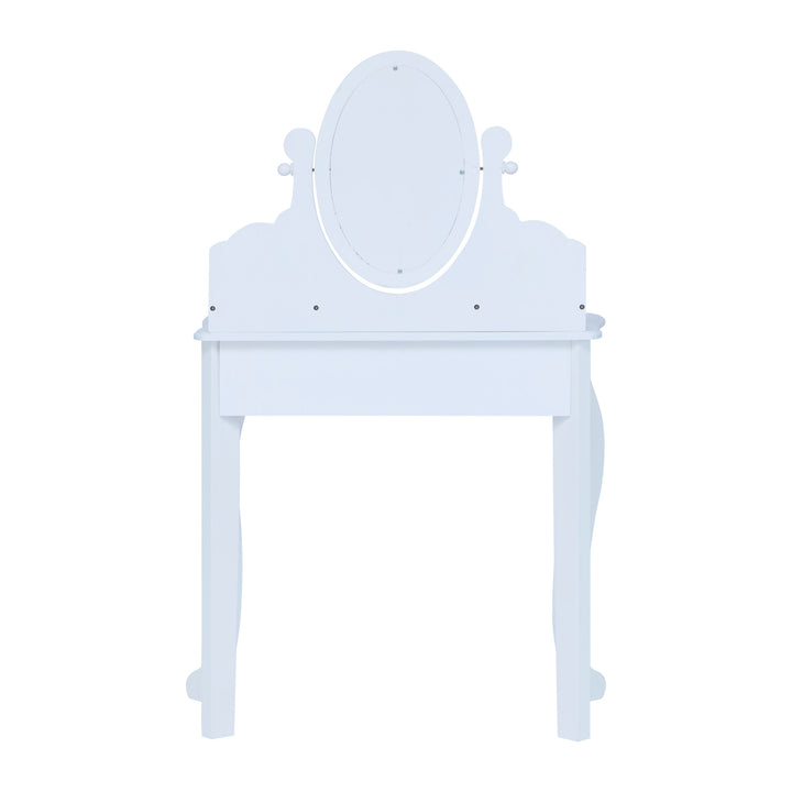 A Fantasy Fields Little Princess Rapunzel Vanity with Mirror, Drawers and Stool in white.