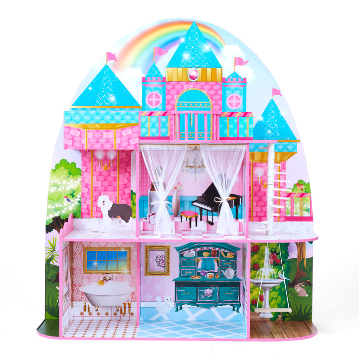 A view of the vividly-illustrated castle dollhouse with detailed flooring and wall treatments, bright pinks and aqua blues, and a dog on the second floor balcony.