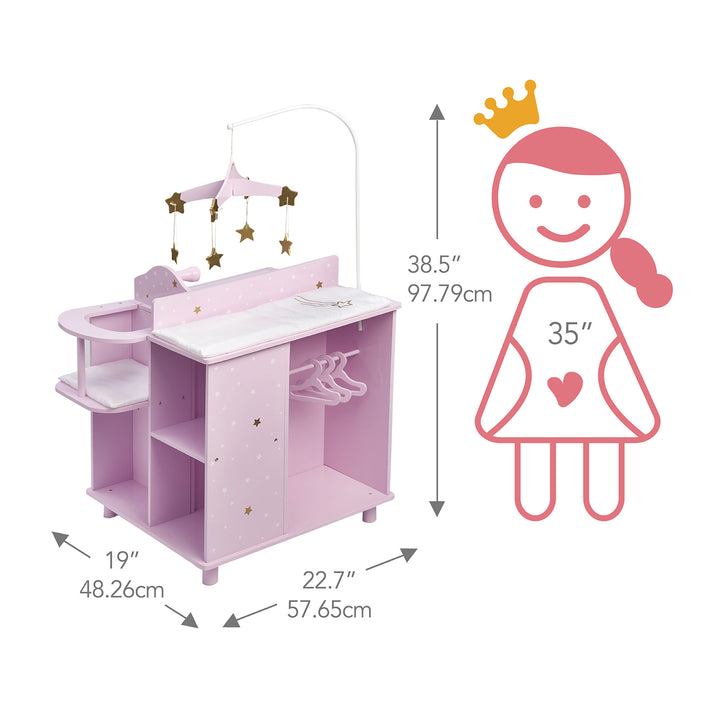 Dimensions in inches and centimeters on a baby doll changing station in purple with white and gold stars with a girl icon with a 35" caption.