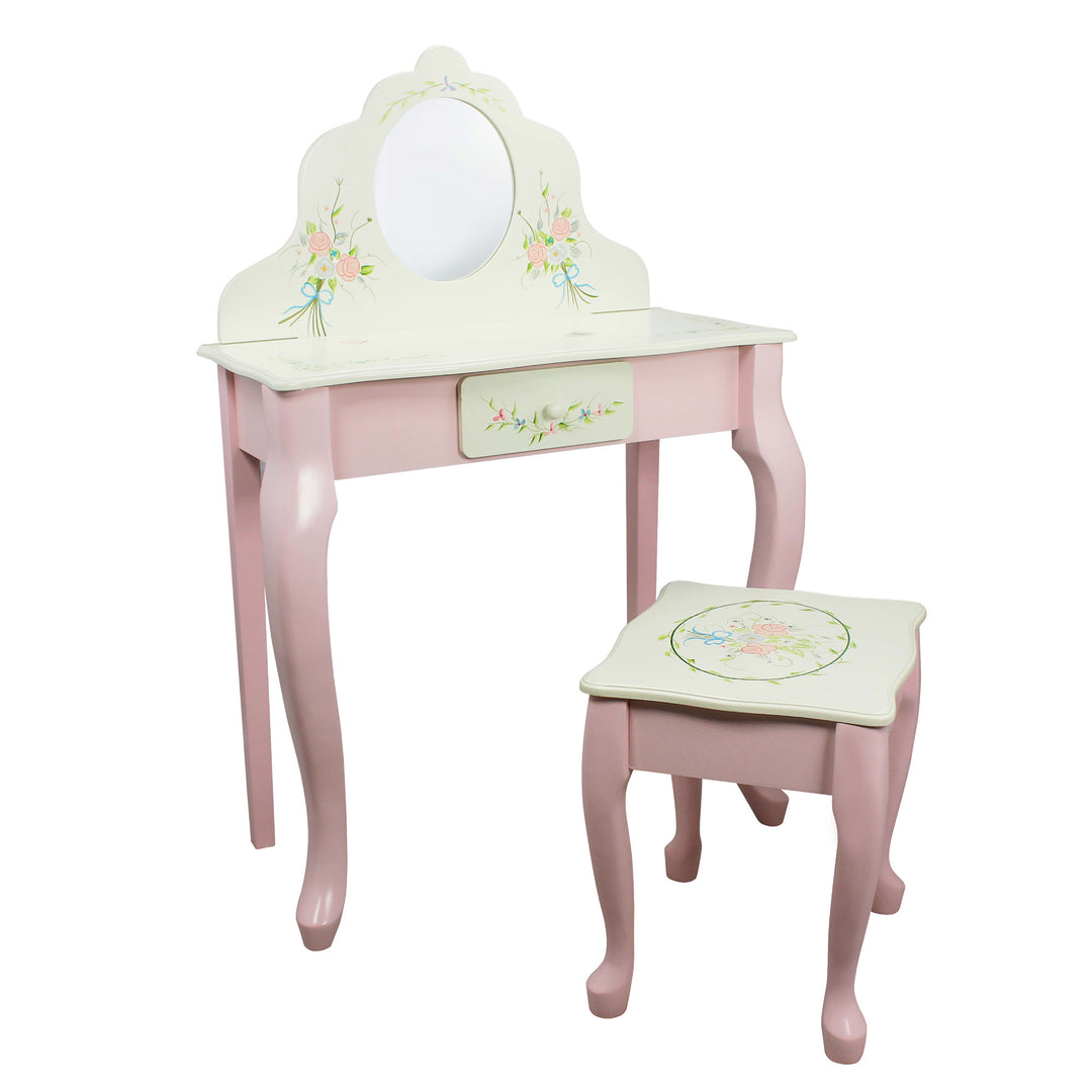 Pink and ivory child's vanity set with an oval mirror and floral accents.