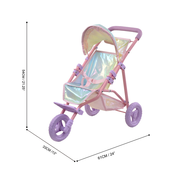 An iridescent baby doll jogging stroller's dimensions in inches and centimeters.