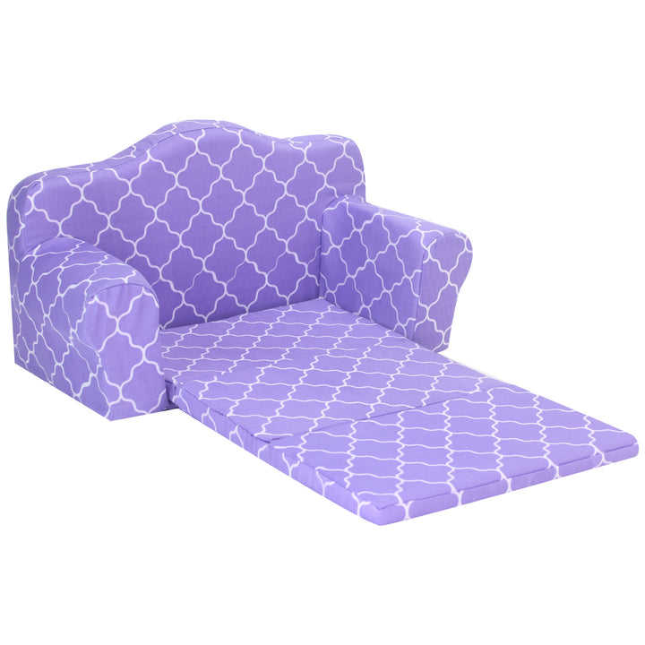 A Sophia's Plush Pull Out Couch/Double Bed, pulled out into a bed, in a purple and white pattern.