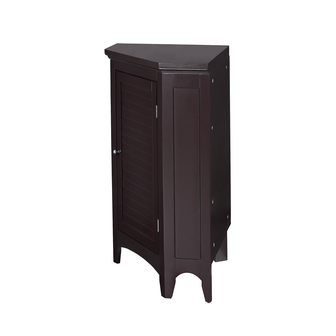 Side view of the Dark Brown Glancy Corner Floor Cabinet with a louvered door and a chrome knob