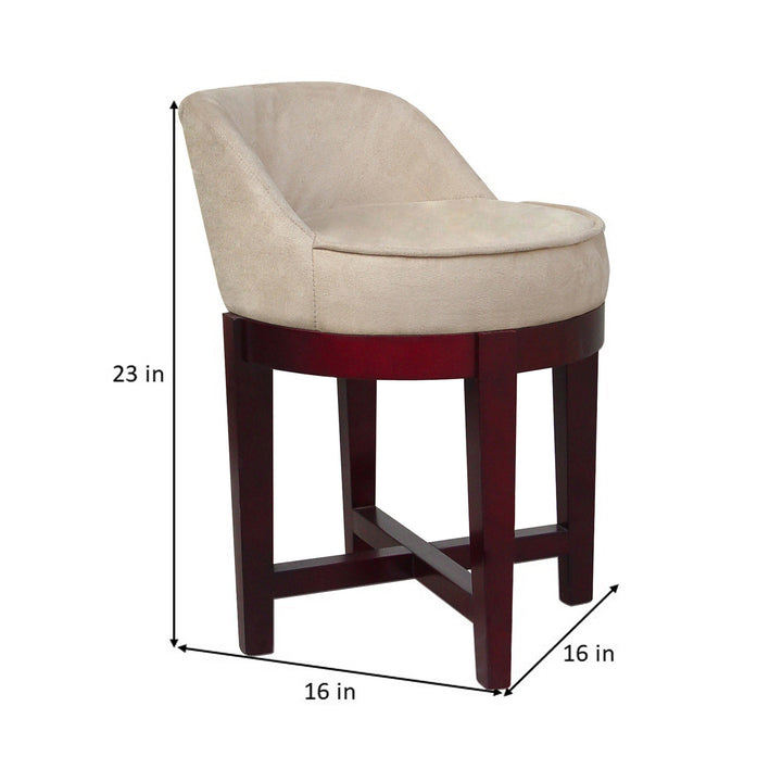 The measurements of a comfortable Teamson Home Swivel Chair with Solid Wood Legs with a beige upholstered seat.