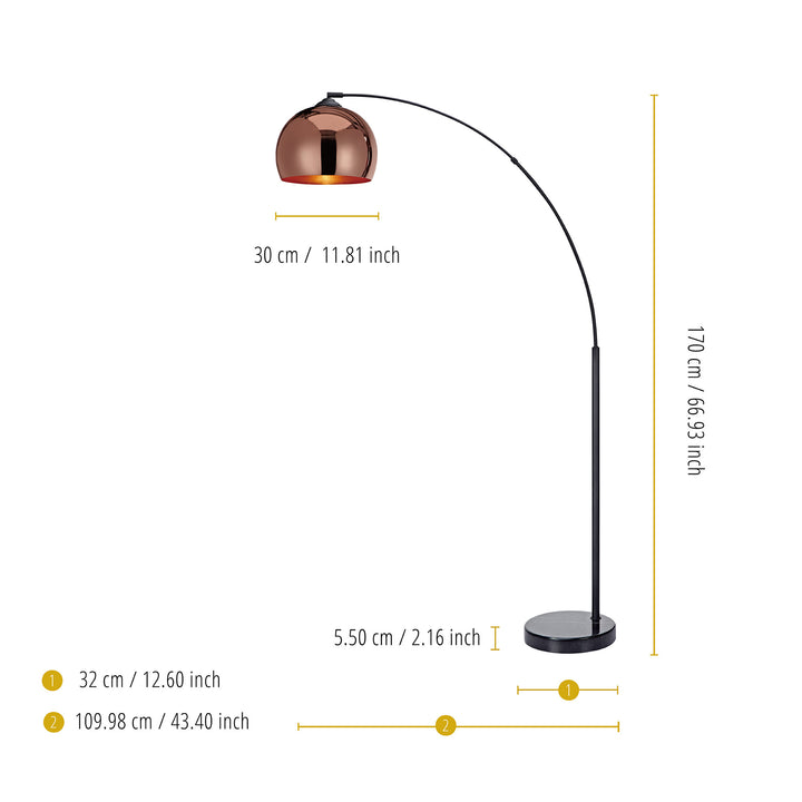 The measurements of a Teamson Home Arquer Arc 66" Metal Floor Lamp with Bell Shade, Rose Gold.