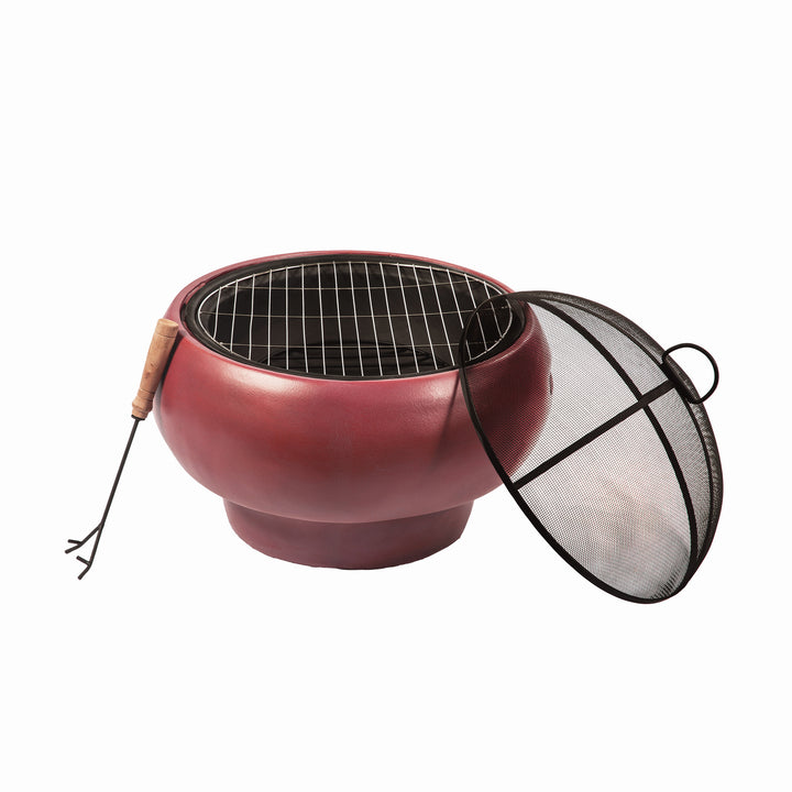 Teamson Home Outdoor 21" Wood Burning Fire Pit with Grill Grate and Faux Concrete Base, Maroon with open mesh lid and a poker on white background.