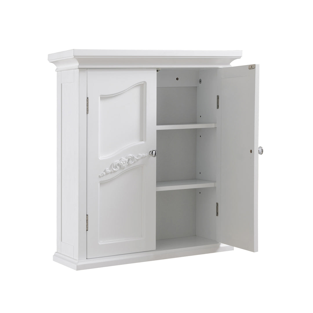 Teaamson Home White Versailles Removable Wall Cabinet with a door open, revealing the two adjustable internal shelves