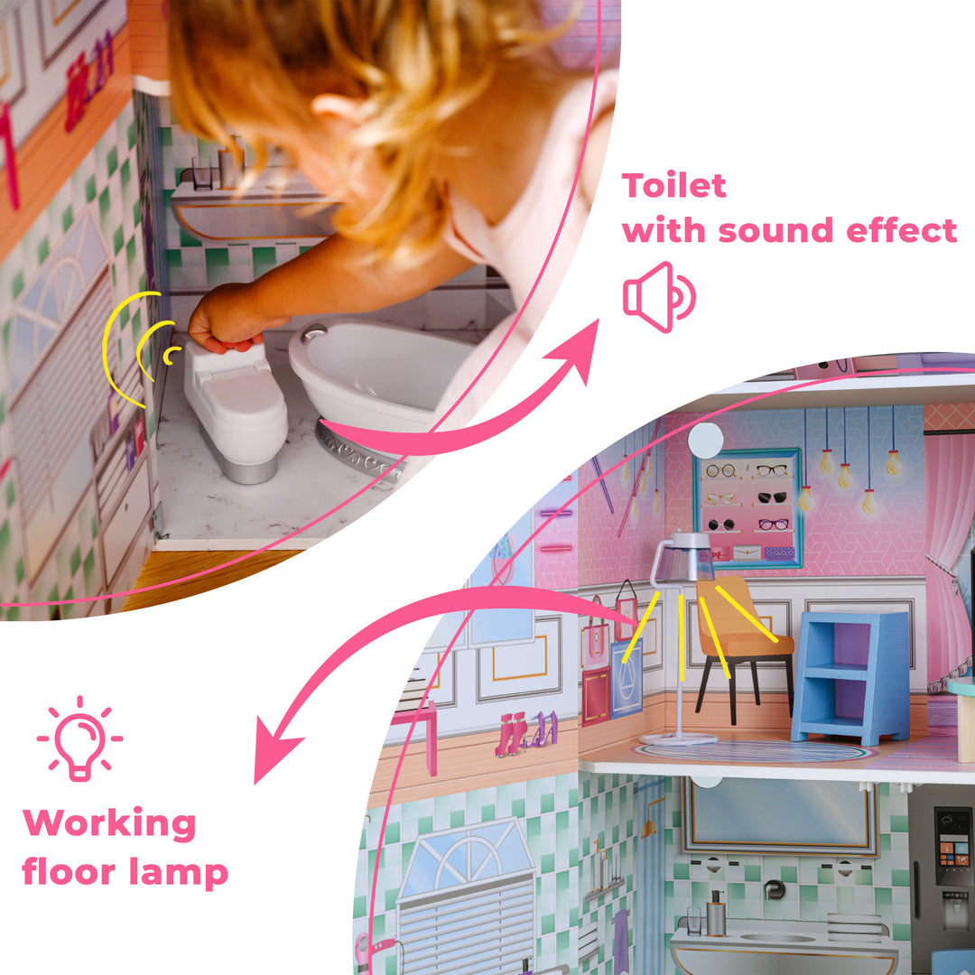 A little girl pushing the button for the flushing sound and a floor lamp with captions "toilet with sound effect" and "working floor lamp"