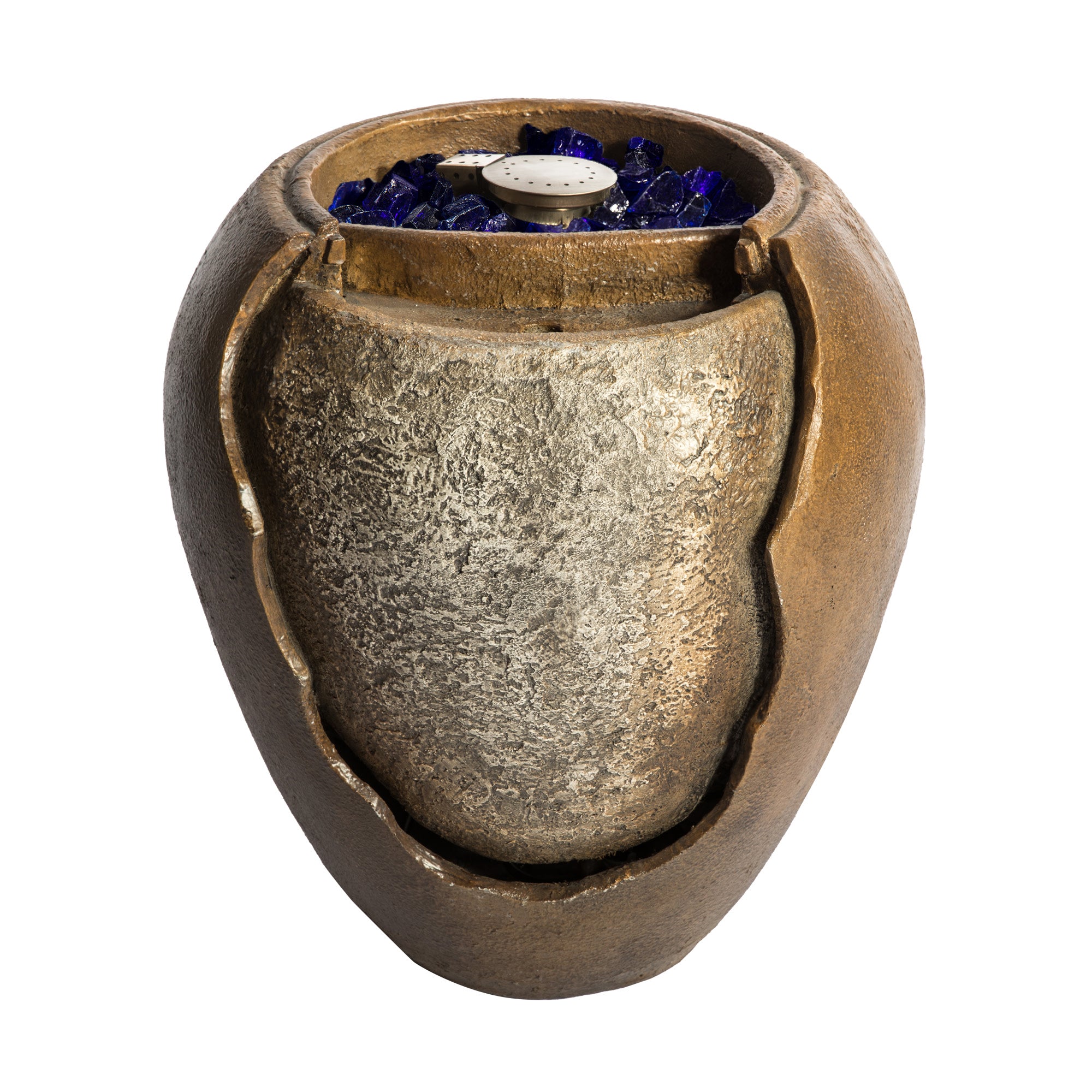 Teamson Home Large Outdoor Water Fountain Pot with Fire Pit and Fire Glass, Brown