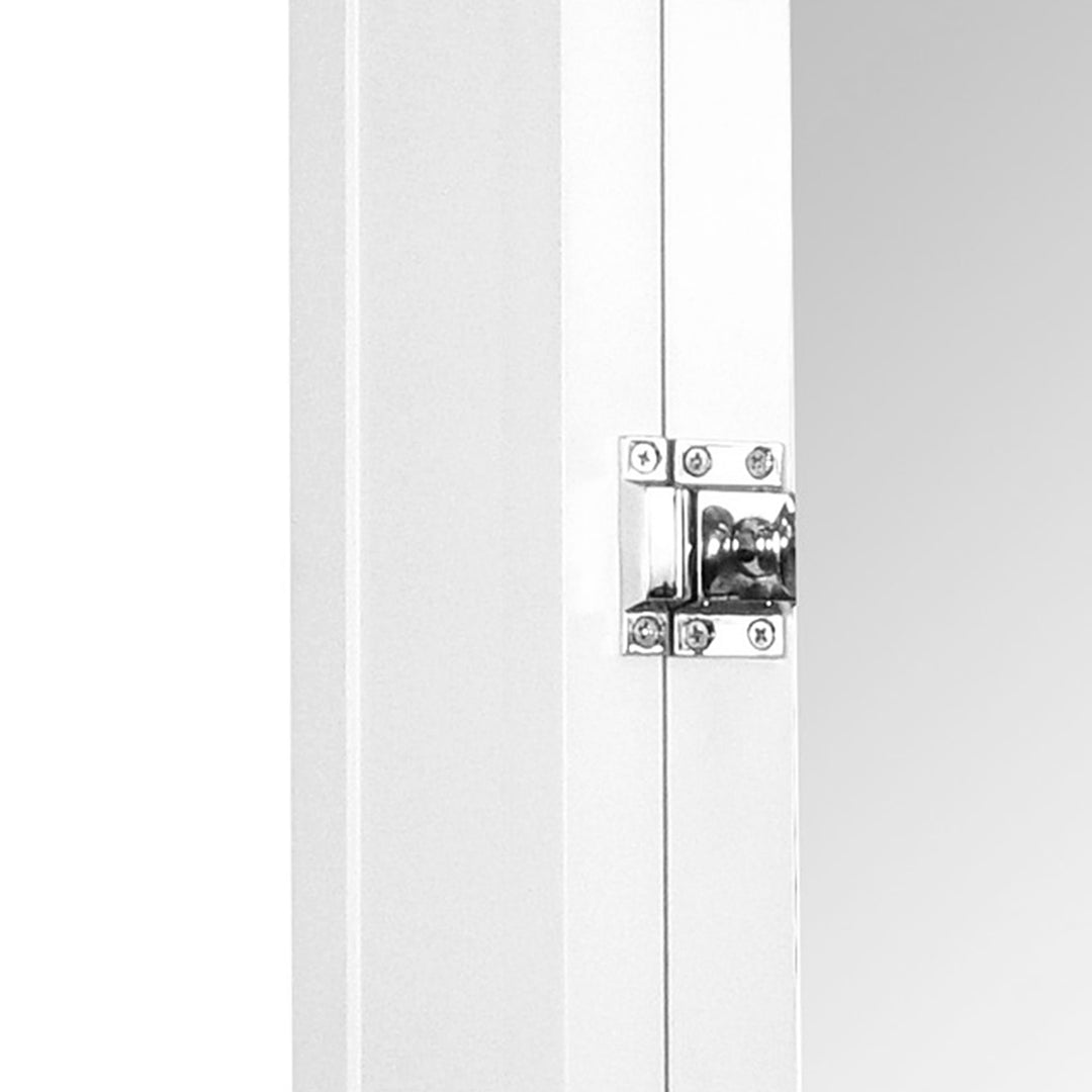 A close-up of the chrome latch on the White Teamson Home Madison Removable Mirrored Medicine Cabinet with Crown Molded Top