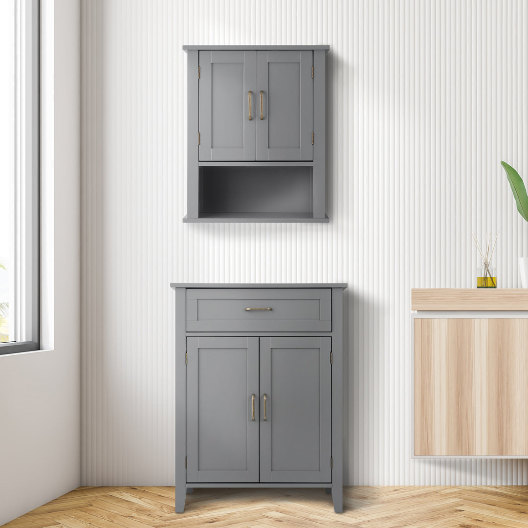 A Gray Mercer Wall Cabinet above a Gray Mercer Floor Cabinet on a white wall near a window