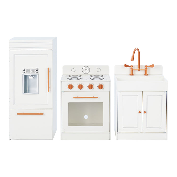 A set of Teamson Kids Little Chef Paris Complete Kitchen Playset including a refrigerator, stove, and sink in matching white and copper colors with realistic details.