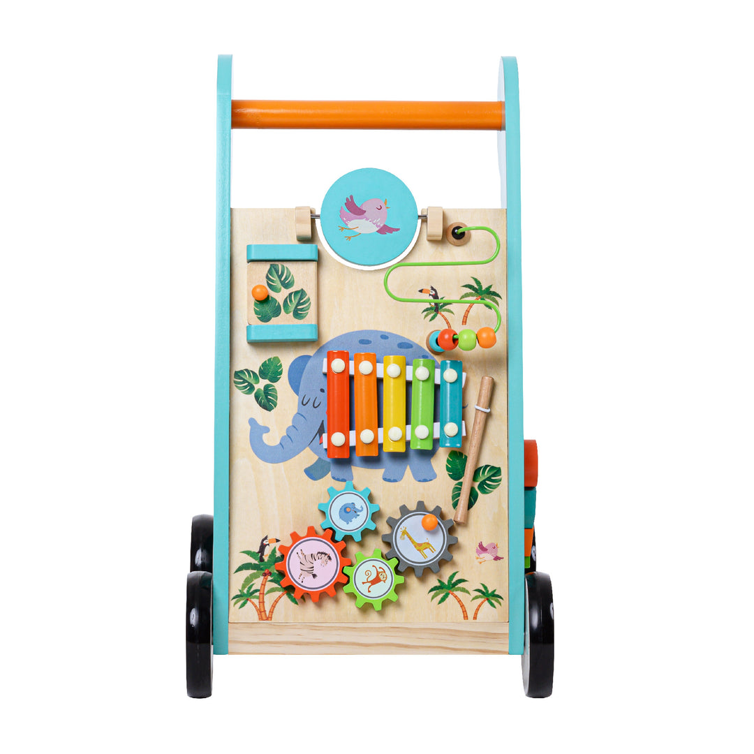 Colorful activity station/baby walker with animal illustrations, wooden wheels, and busy box-type things to do.