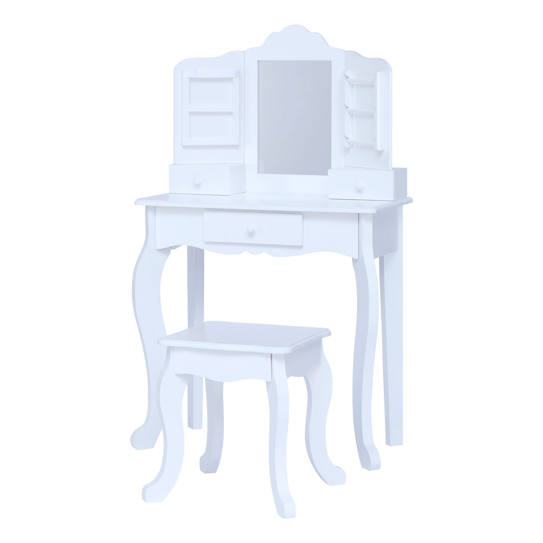 A white vanity set with matching stool, storage drawers, and a mirror with storage racks on either side.