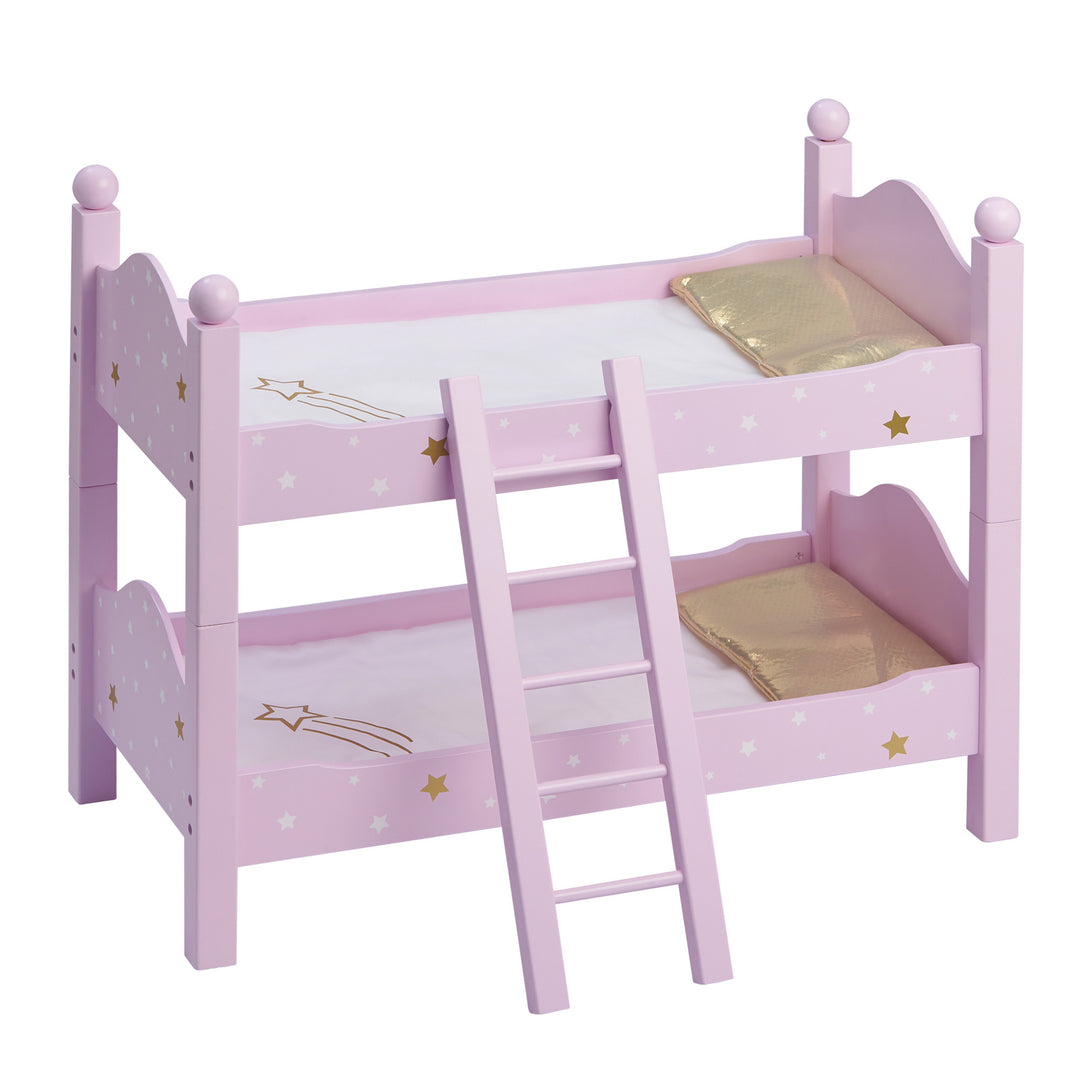 An 18" doll bunk bed pink with white and gold stars, a pink ladder, gold pillows with white blankets.
