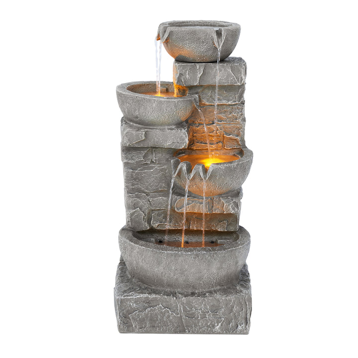 A Teamson Home Outdoor Cascading Bowls & Stacked Stone water fountain, gray, illuminated