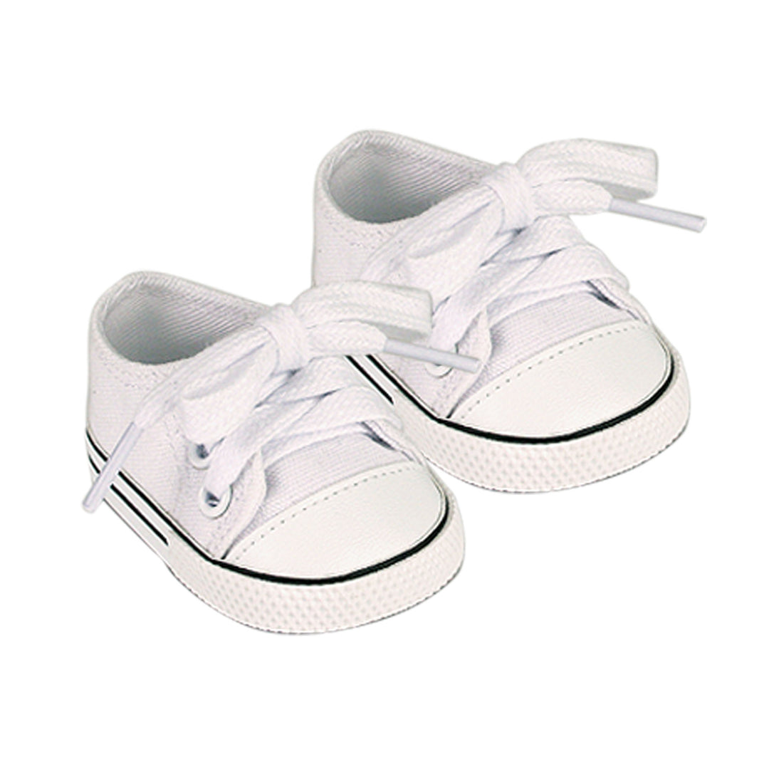 A pair of Sophia’s White Canvas Sneaker Shoes with Laces for 18" Dolls on a white background.