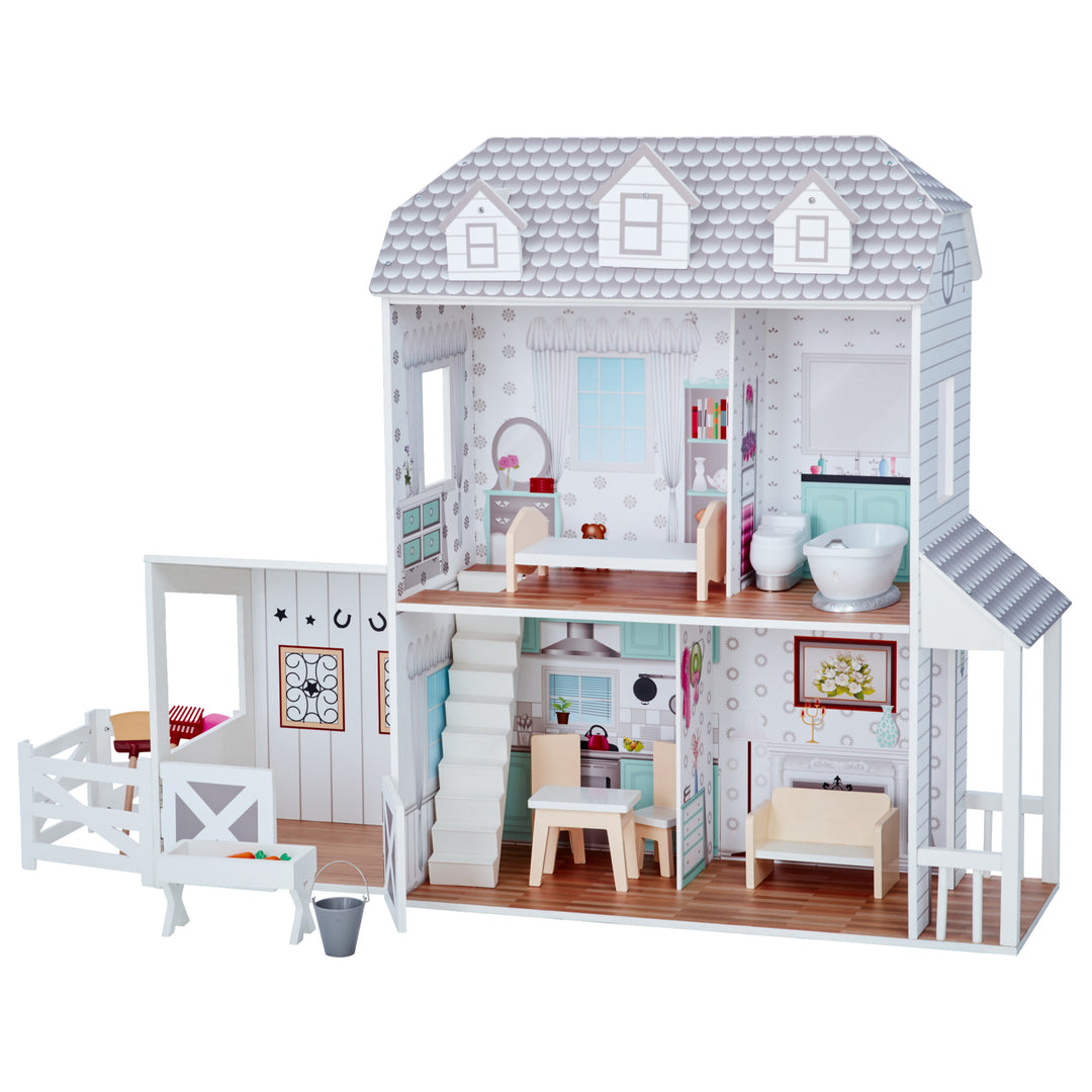 A Teamson Kids Dreamland Farm Dollhouse with 14 Accessories, White/Gray designed with kid-sized dimensions.