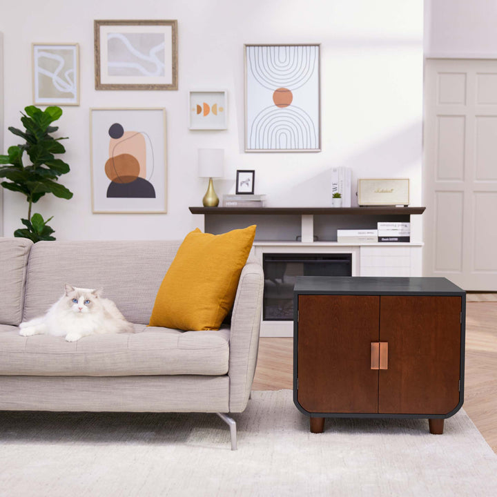 Teamson Pets Small Dyad Wooden Cat Litter Box Enclosure sat next to a sofa as an end table in a living room.