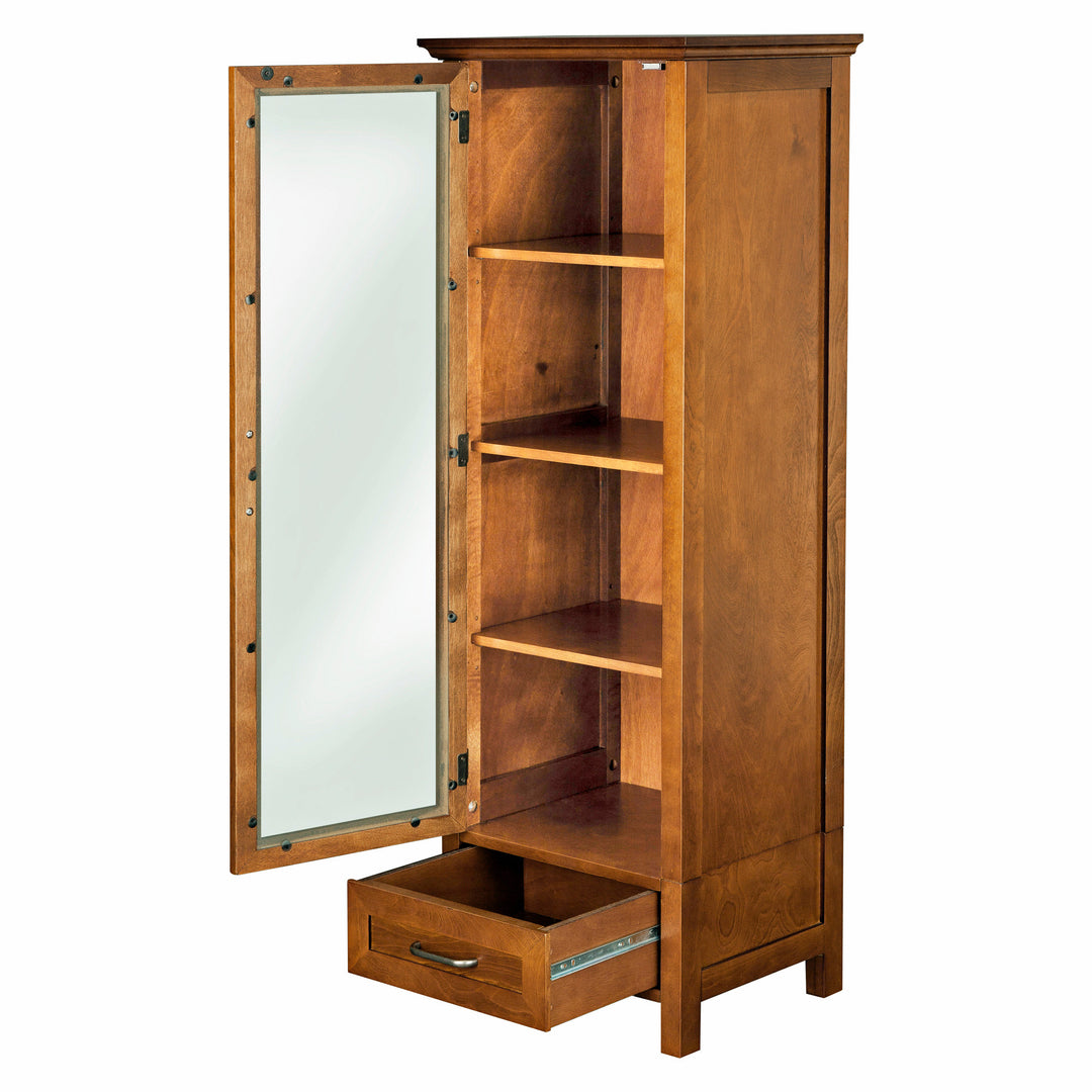 Teamson Home Avery Wooden Linen Tower Cabinet with Storage, Oiled Oak with an open door displaying adjustable shelves, an open drawer, and extra stability.