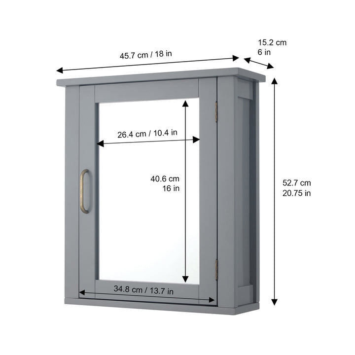 Gray Mercer Removable Mirrored Medicine Cabinet with dimensions listed in inches and centimeters