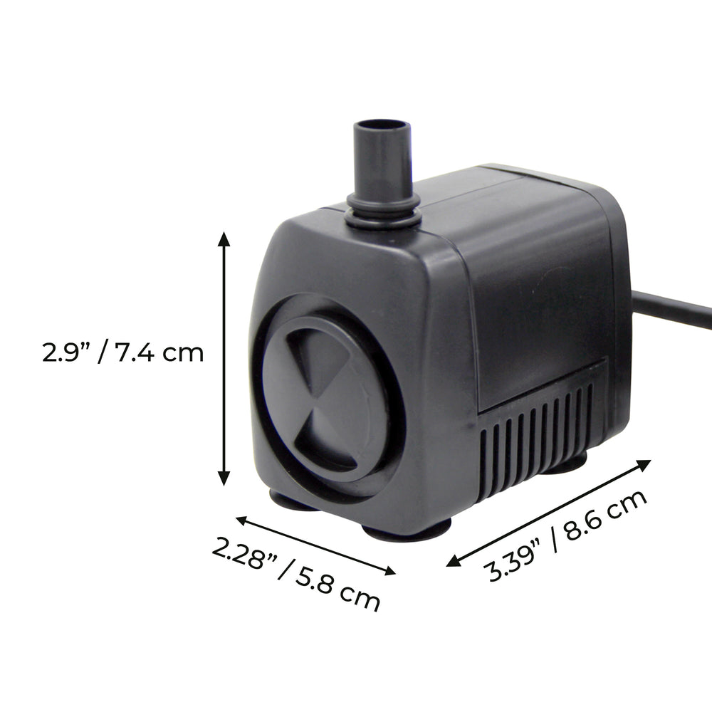 Submersible Teamson Home Water Pump for Fountains and Ponds with dimensions in inches and centimeters