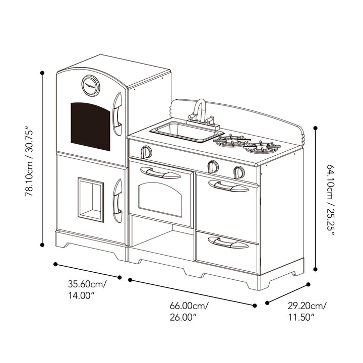 Technical illustration of a Teamson Kids Little Chef Fairfield Retro Kids Kitchen Playset with Refrigerator, Ivory with dimension annotations and easy-to-clean MDF construction.