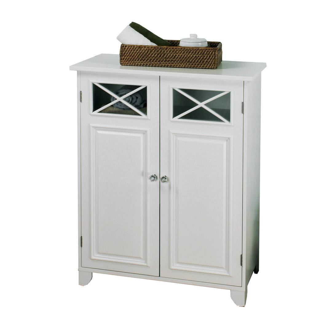 A durable Teamson Home Dawson Free Standing Floor Storage Cabinet with Adjustable Shelves with a basket on top.