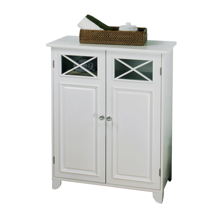 A durable Teamson Home Dawson Free Standing Floor Storage Cabinet with Adjustable Shelves with a basket on top.