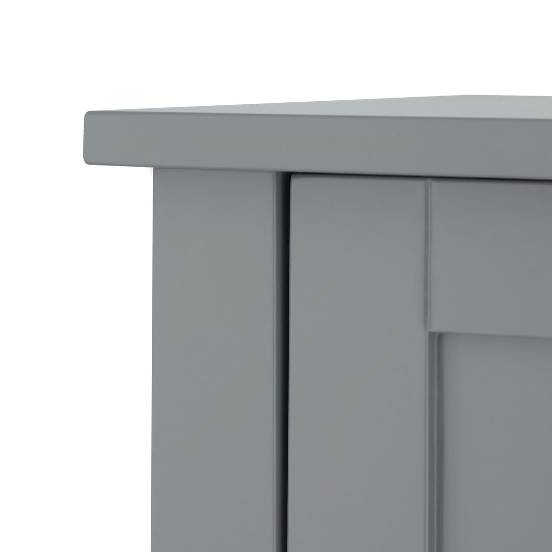 Close-up of the top of the Teamson Home Mercer Mid Century Modern Linen Tower Storage Cabinet with Two Doors, Gray