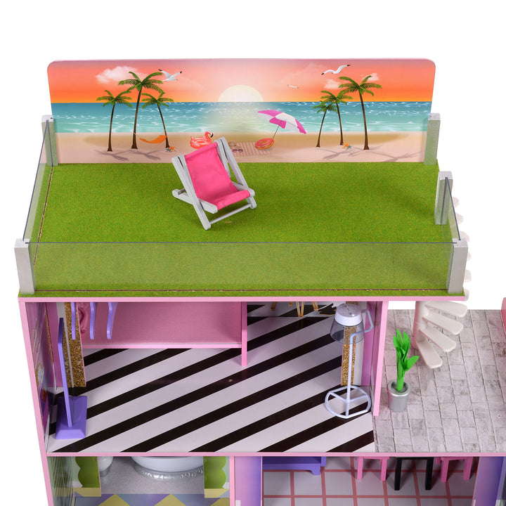 Close-up of the balcony patio with the faux grass surface, pink beach chair , clear railing and day skyline.