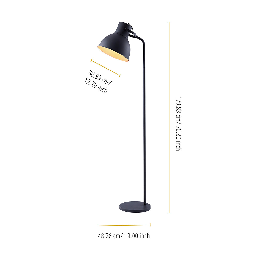 An image of a Teamson Home Aaron 70.8" Metal Floor Lamp with Adjustable Shade, Black with measurements.
