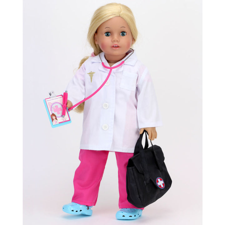 A blonde 18" doll with blue eyes dressed in pink scrubs and a white lab coat, comfy blue shoes and a stethoscope,carrying a medical bag, clipboard and pen.