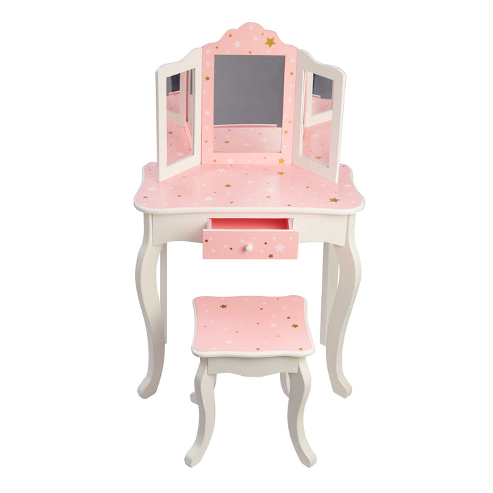 A FANTASY FIELDS GISELE PLAY VANITY SET with Mirrors, Pink/White with a stool and mirror.