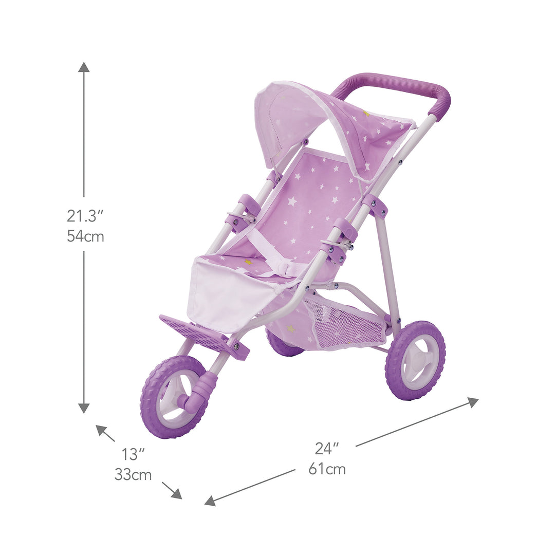 Dimensions in inches and centimeters of the Olivia's Little World Twinkle Stars Doll jogging stroller in white and purple.