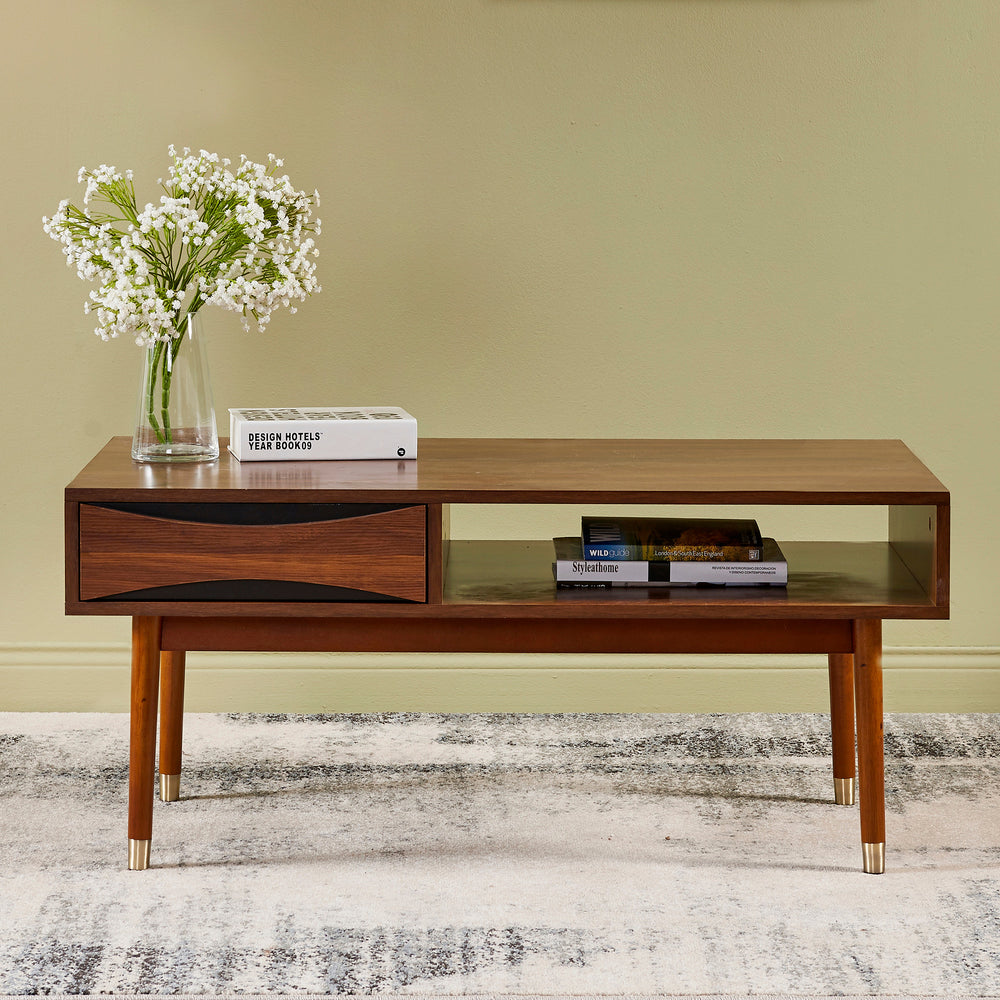 Teamson Home Dawson Modern Wooden Coffee Table with Storage, Walnut finish and tapered legs.