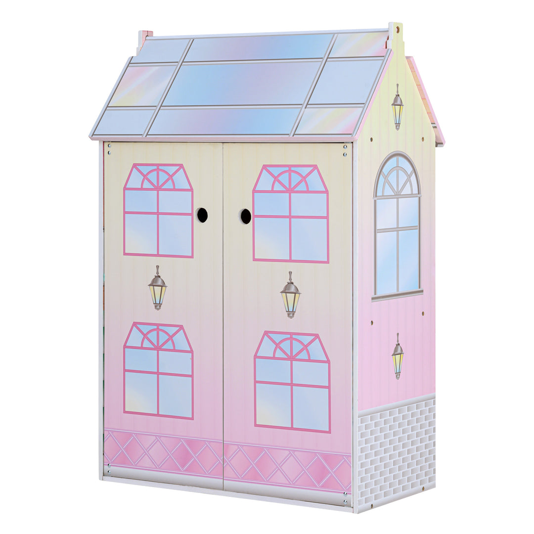 Olivia's Little World Dreamland Glass-Look Dollhouse for 12" Dolls, Multi-Color with accessories, designed for kids, featuring pink and white colors along with windows and doors.