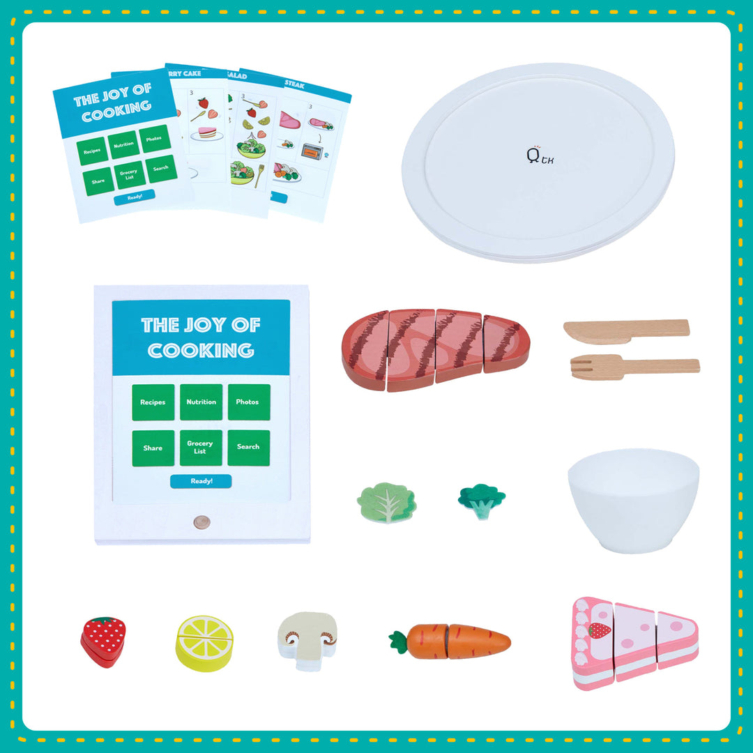 A collection of Teamson Kids Little Chef Frankfurt 27 Piece Wooden Play Cooking Set with Recipe Tablet and Ingredients including a mock cookbook, pretend ingredients, dishes, and utensils.