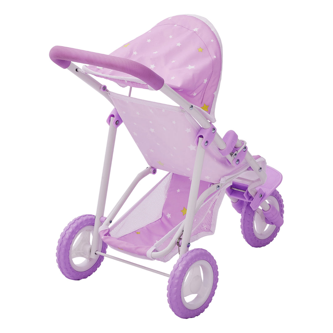 Side view from the back of  a purple with white stars baby doll jogging stroller with purple wheels and a white frame.